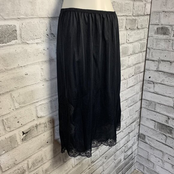 Vintage 90s Y2K French Maid Black Silky Satin Lace Boho Chic Half Slip Skirt - Picture 2 of 14